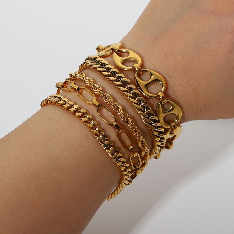 Conjunto de joias estilo INS Miami Cuban Chain Flat Snake Fold Pulseira de aço inoxidável banhada a ouro para mulheres_voghion.com