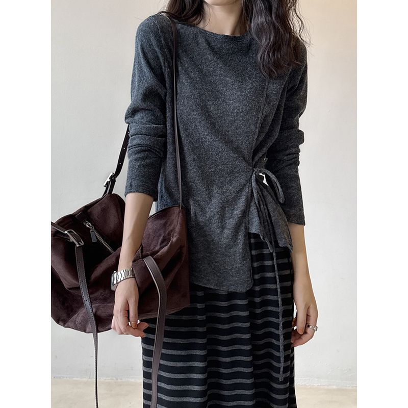 Yanshuang Korean Style Tie Waist Long Sleeve Knitted Sweater For Women Autumn New Unique Loose Base Shirt 20169_voghion.com