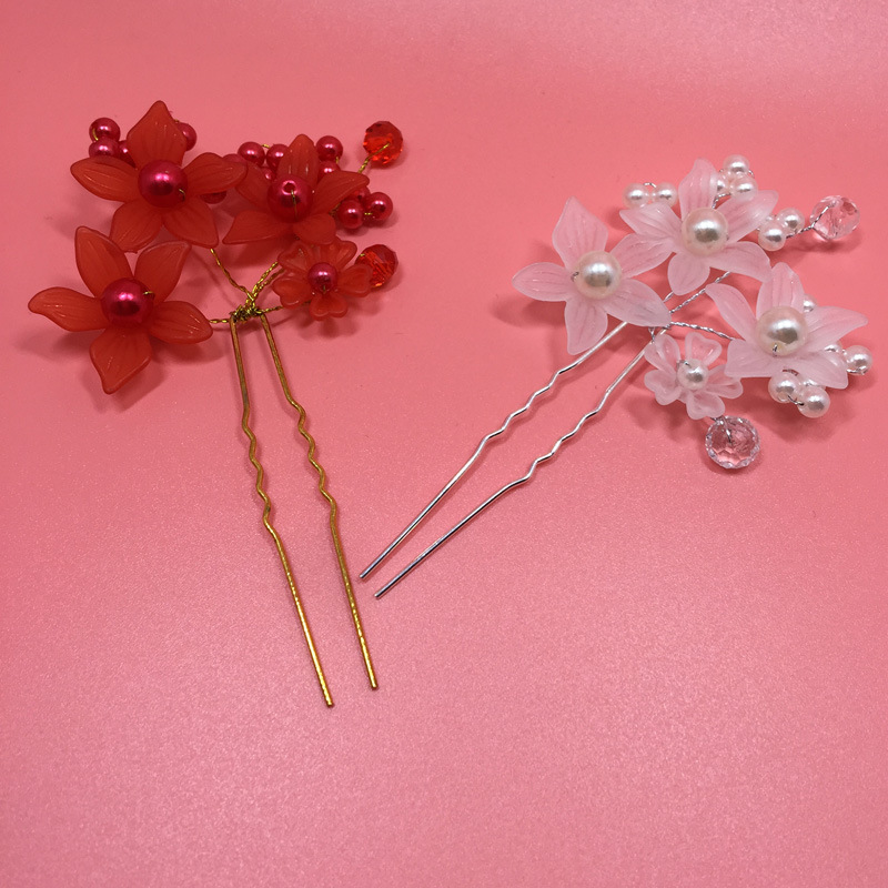 Bruids bruiloft hoofdtooi haaraccessoires rode en witte parel kralen matte bloem haarplug U-vormige haarplug haarspeld groothandel_voghion.com