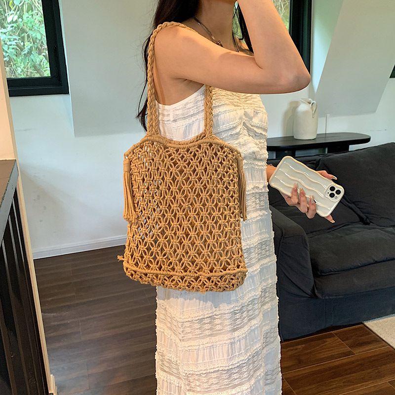 Vintage handgeweven strozak met franjes - Boheemse strandtas van netstof voor de zomervakantie, stijlvolle macramé schoudertas voor dames_voghion.com