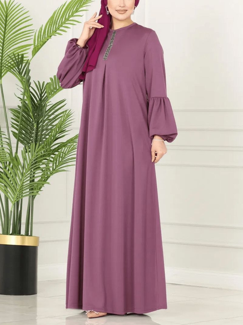 Abito da donna musulmano retrò semplice lungo e largo con maniche a lanterna_voghion.com