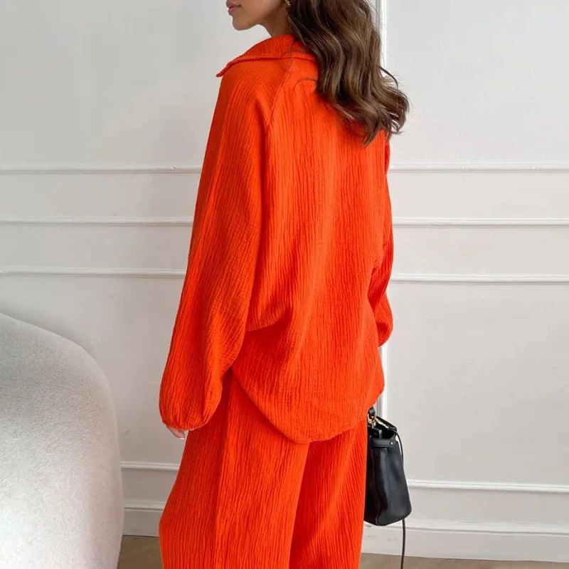 Completo da donna in cotone e lino, cardigan, maglia a maniche lunghe, pantaloni a gamba larga e tasche, completo due pezzi_voghion.com