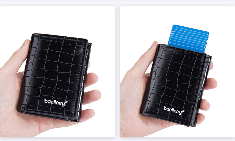 Baellerry neuer Kartenhalter für Herren RFID Metall-Aluminium-Box elastische Kartenbox Krokodilmuster dreifach gefaltete Brieftasche_voghion.com