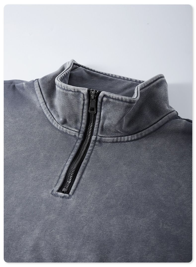 Herrenbekleidung: Verwaschenes, halbgeschnittenes Kapuzenpullover-Oberteil mit Rollkragen und lässigem Stil_voghion.com