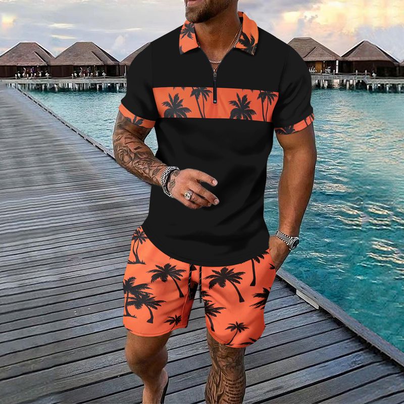 2-piece Men's Summer Holiday Style Outfit Set Short Sleeve Zip Golf Shirt & Waist Drawstring Shorts With Pockets Beach Resorts_voghion.com