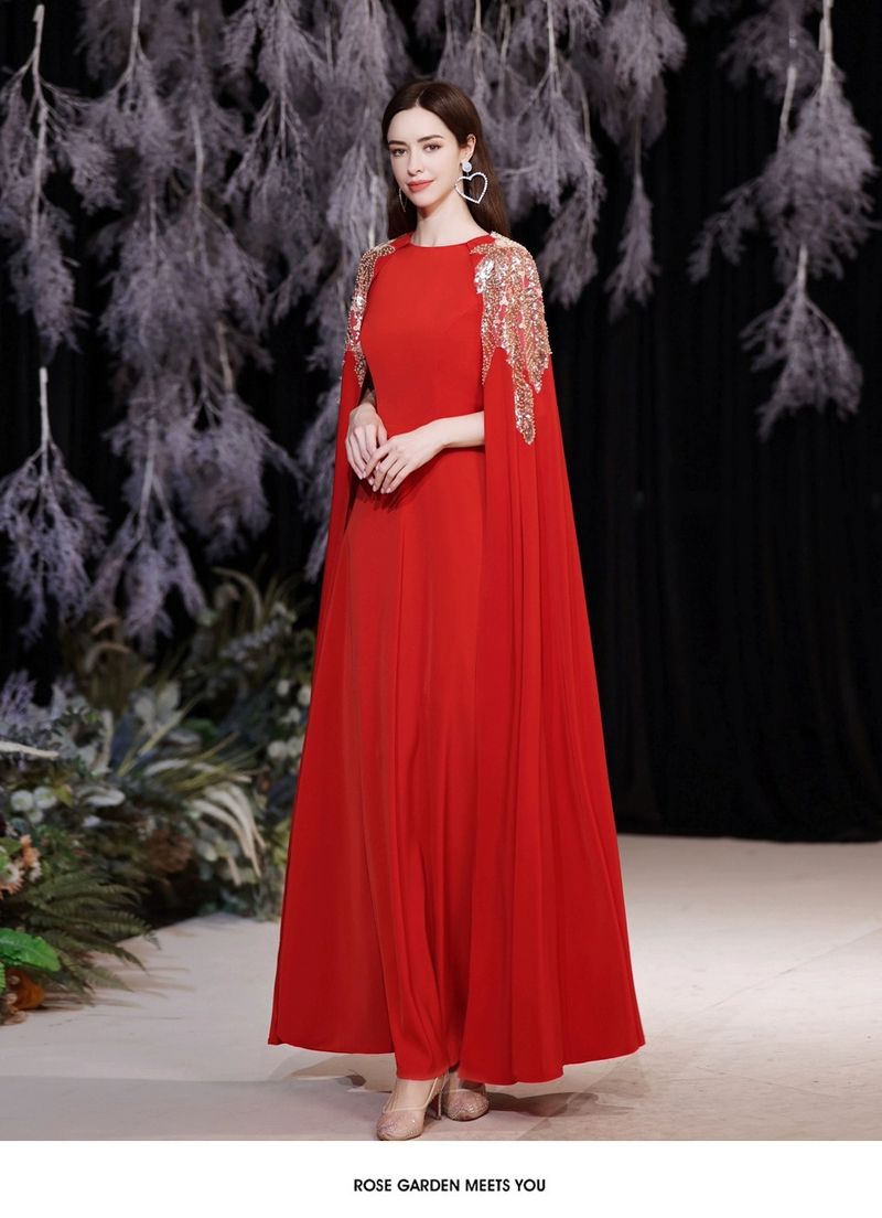 Elegant Square Neck Long-Sleeve Red Evening Gown – A-Line Wedding Banquet Dress With Corset Lace-Up Back (XS-XXXL, Polyester Blend)_voghion.com
