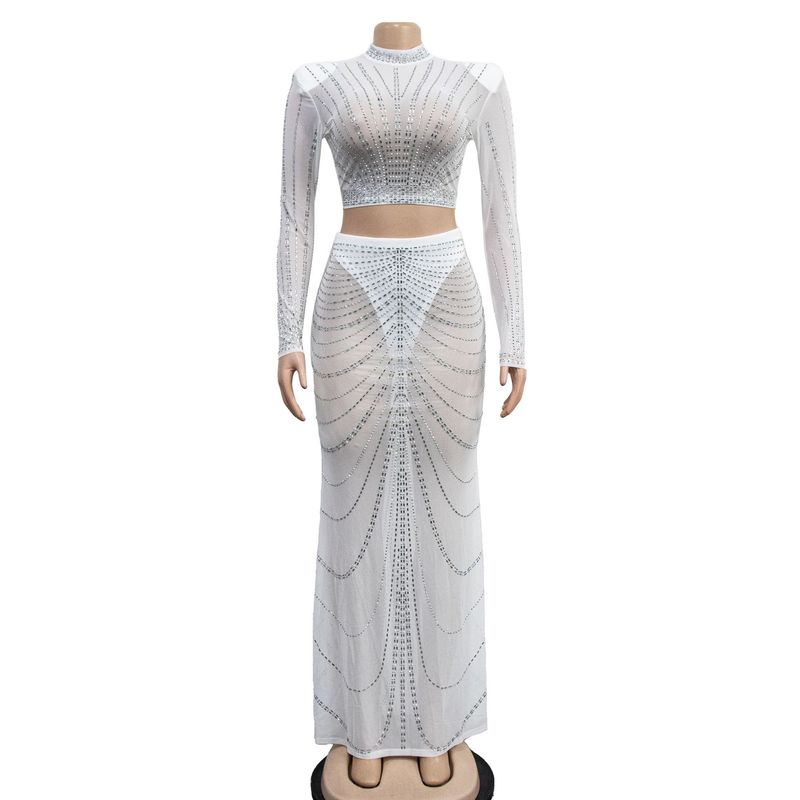 Completo abito a maniche lunghe in rete trasparente e strass – Elegante abito da sera in due pezzi con sovrapposizione decorata (nero/blu/rosso/carne/bianco, dalla S alla XXL)_voghion.com