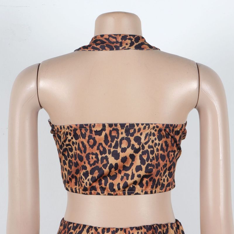Vêtements pour femmes, haut sexy à boutons et col licou, pantalon à taille élastique, imprimé léopard, ensemble deux pièces_voghion.com