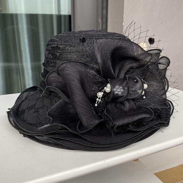 Cappello da sole in pizzo con pizzo Temperamento Elegante cappello da secchiello con fiori di perle Cappello da sole estivo traspirante da donna_voghion.com