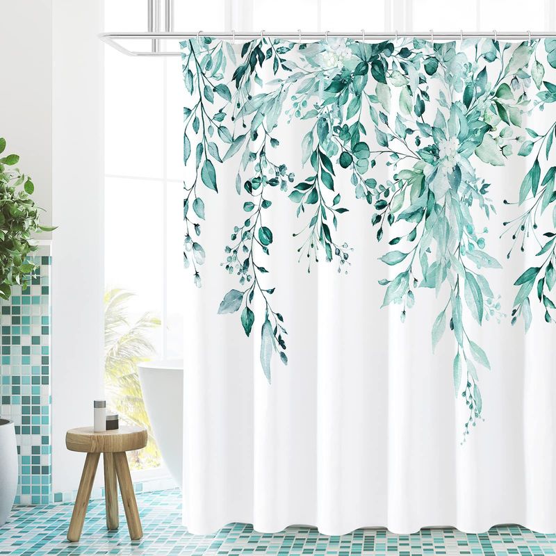 Cross-border Source Digital Printing Single Layer Blue Eucalyptus Waterproof Shower Curtain Set 72x72inch_voghion.com