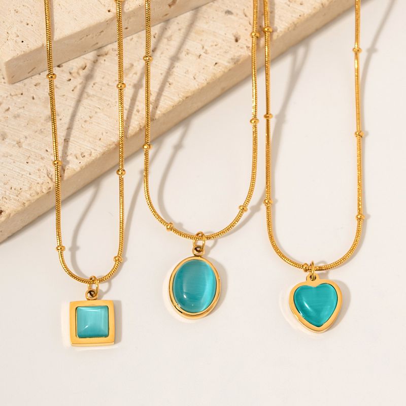 Collana da donna con ciondolo quadrato in acciaio inossidabile con occhio di gatto blu, design geometrico alla moda, pezzo minimalista da indossare tutti i giorni._voghion.com