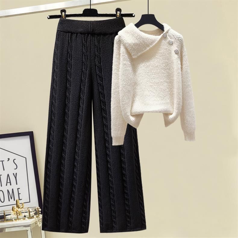 Women's Clothing three piece suit for women, designer sweater, thickened slim vest coat, high waist, cable pattern, wide leg casual pants_voghion.com