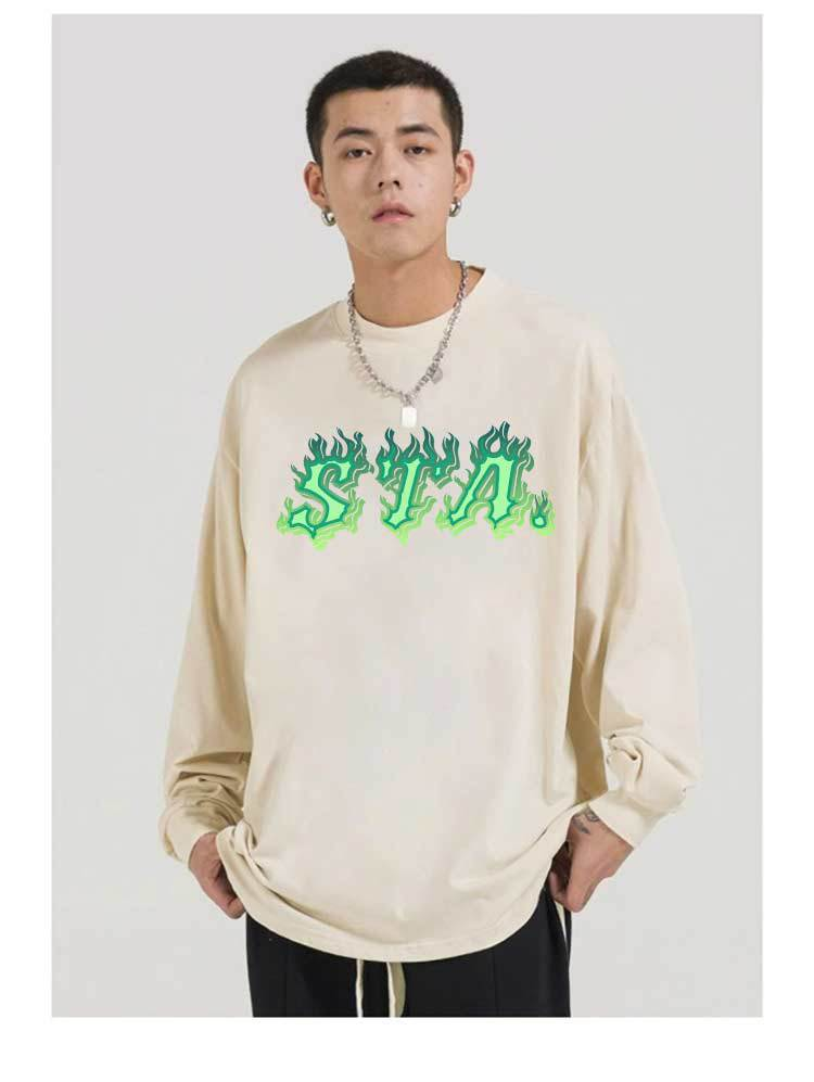 T-shirt a maniche lunghe del marchio di moda nazionale con design a fiamma STA da uomo per uomo e donna, coppia top in puro cotone pesante con scollo tondo_voghion.com
