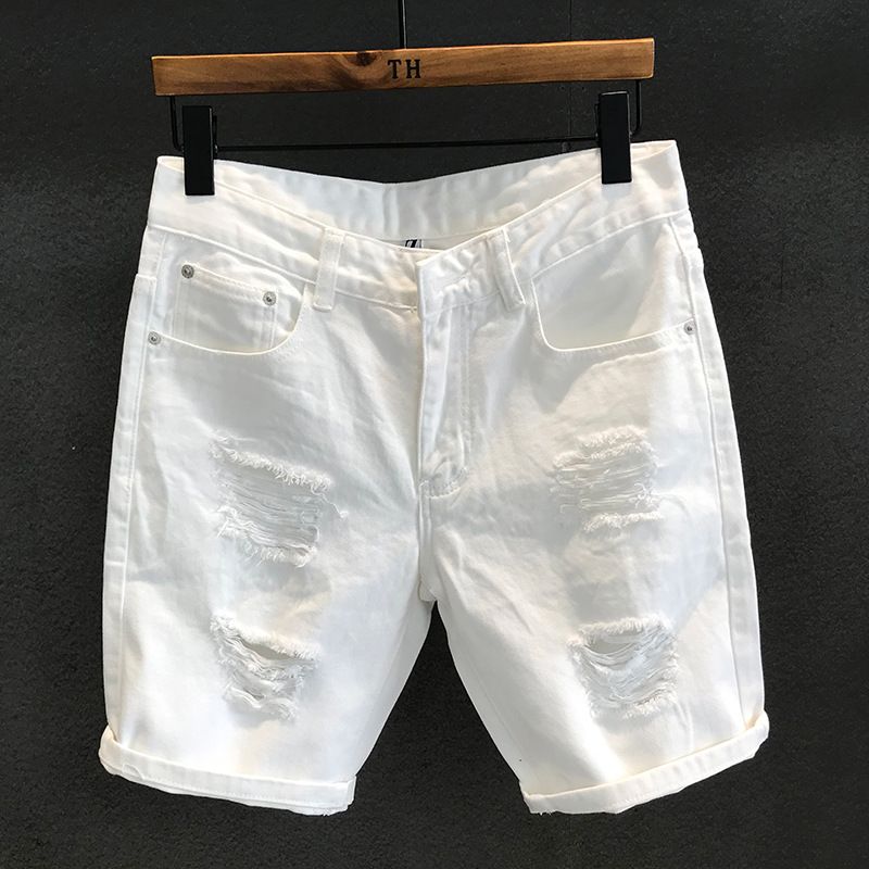 Herrenbekleidungsversion All-Match-Street-Trend weiße zerrissene Jeans-Shorts Herren-Casual-Trend Sommer zerkratzte Bettler-Fünf-Punkt-Hose_voghion.com