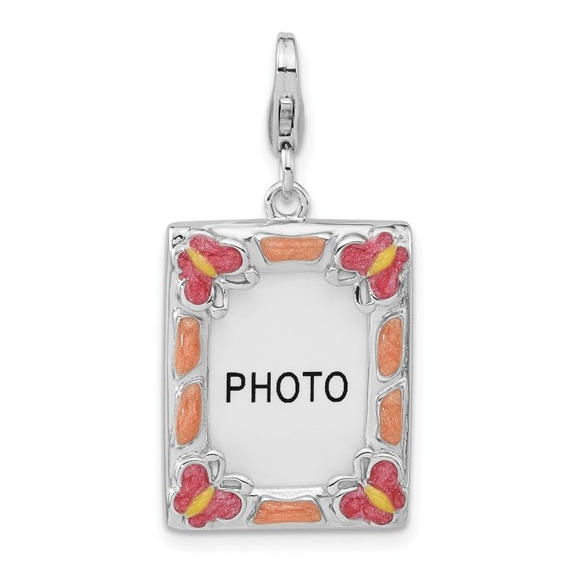 Sterling Silver Rhodium-plated 3-D Enameled Butterfly Photo Frame W/Lobster Clasp Charm_voghion.com