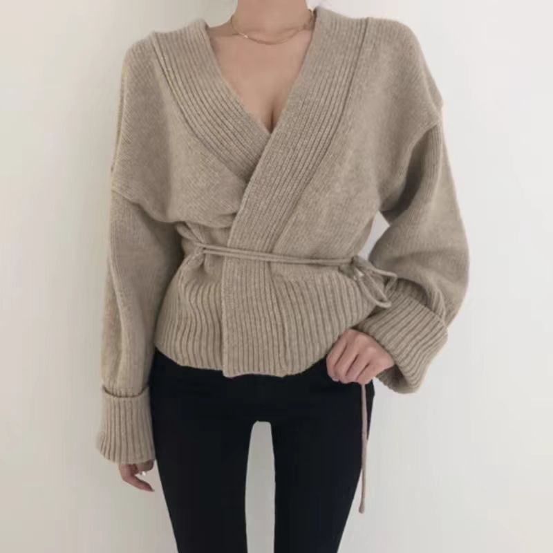 French lazy style deep V-neck knitted cardigan for women, 2024 autumn and winter cross tie design, pure desire sweater_voghion.com