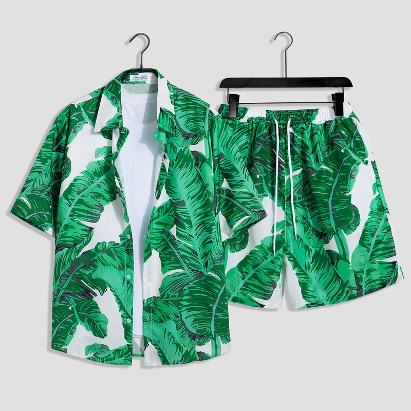 Herenkleding aan zee, strandvakantie, losse heren, plus size paar, trendy bloemenoverhemd met korte mouwen, casual tweedelige set_voghion.com