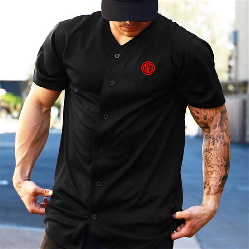 Polo sportiva da uomo a maniche corte cardigan con scollo a V T-shirt fitness collant muscolare Fast Dry Running Training Iron Dog_voghion.com