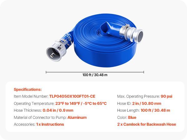 VEVOR Backwash Hose 2 In X 100 Ft Blue High Quality Hose Complete Fittings_voghion.com