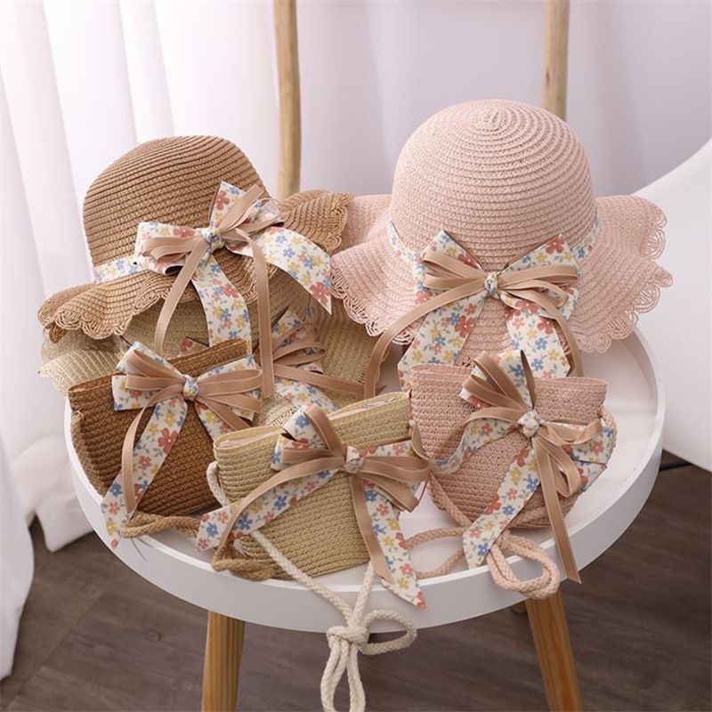 Cappelli di paglia da pescatore pieghevoli da spiaggia per bambini, protezione solare estiva da donna e set di borse_voghion.com