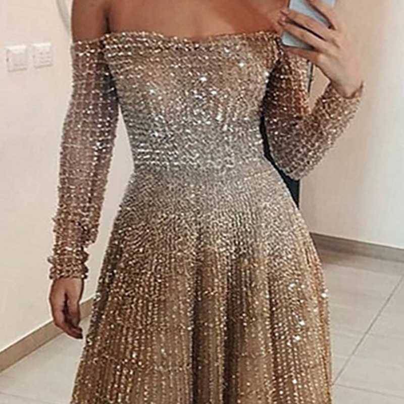 2025 Frühjahr Neue Damenbekleidung Funkelnde Ärmel Langes Hautpflegekleid_voghion.com