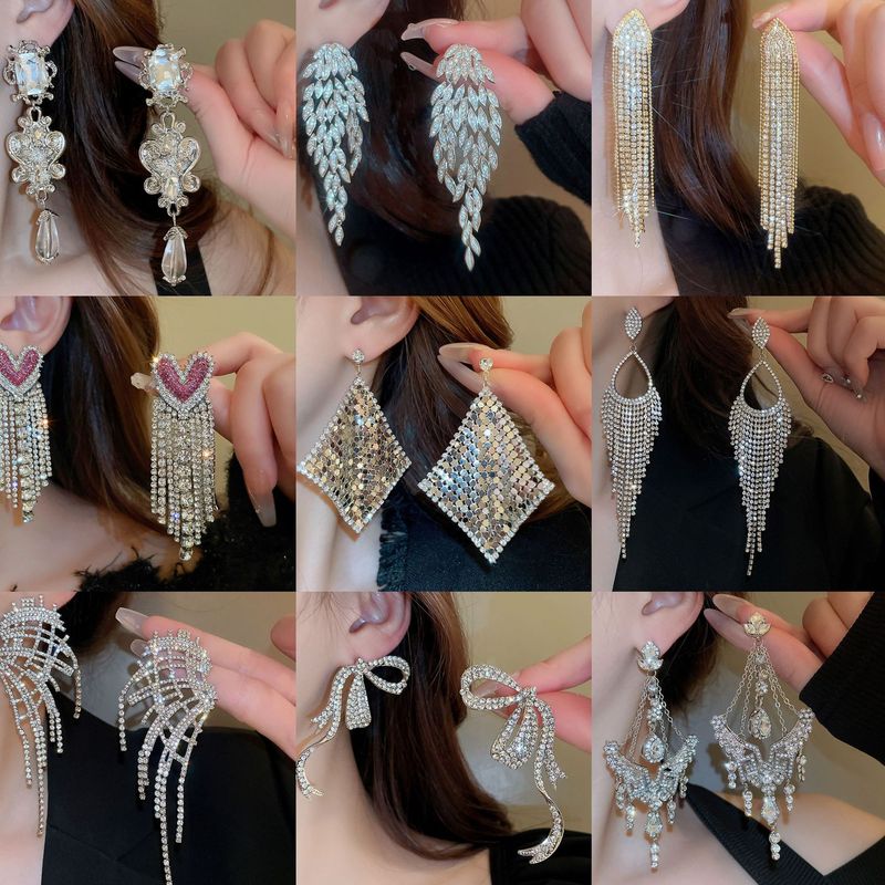 Silver Needle Artificial Pearl Full Diamond Triangular Geometric Tassel Light Luxury Fashionable Earrings, Niche_voghion.com