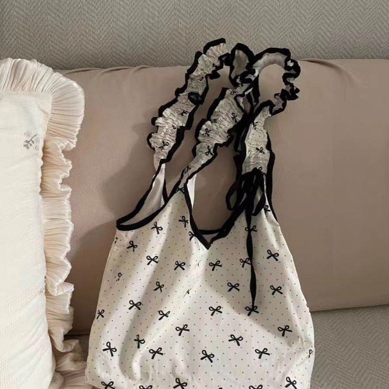 Bow Polka Dot Canvas 2025 New Women's Drawstring Pleated Tote Bag Shoulder Bag_voghion.com