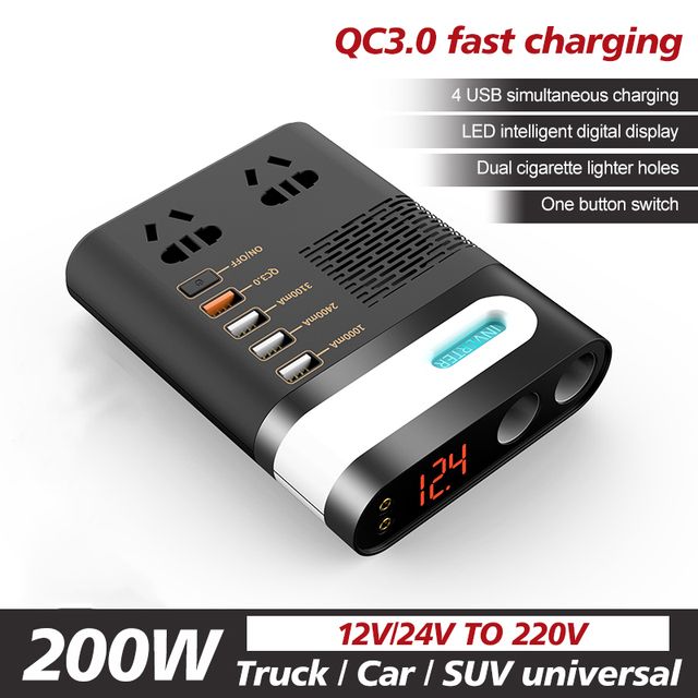 200-W-Autoladegerät 12 V DC auf 220 V AC Auto-Wechselrichter QC3.0 Schnelllade-USB-Ladegerät LKW-Auto-Wechselrichter Laptop-Telefonadapter_voghion.com