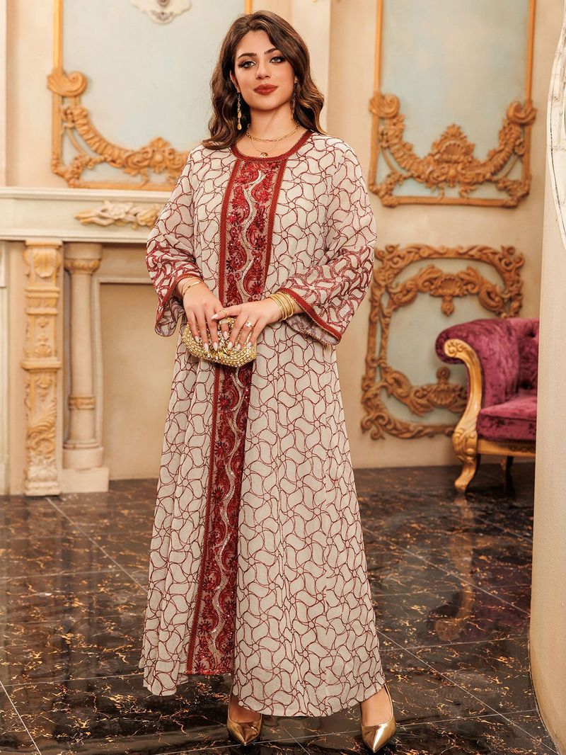 Women's Clothing Muslim Sequin Embroidery Fashion Mesh Embroidery Dress Jalabiya Robe Dubai Robe_voghion.com