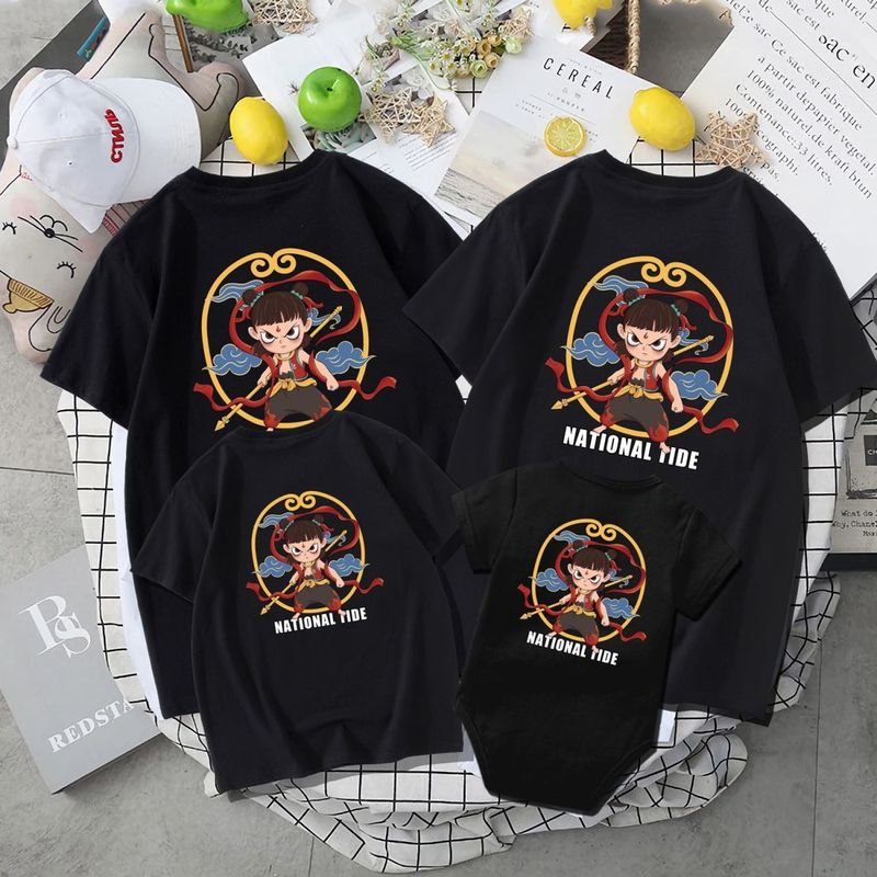 Eltern-Kind-Kleidung T-Shirts Mutter-Kind-Kleidung Mutter-Tochter-Kleidung im chinesischen Stil Kurzarm Familie von drei oder vier_voghion.com