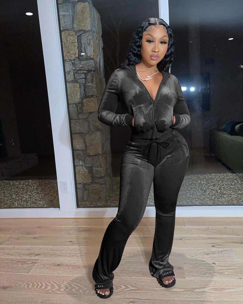 Women's Solid Color Multi-color Casual Canary Pocket Hooded Zipper Hoodie Wide Leg Pants Two-piece Set_voghion.com