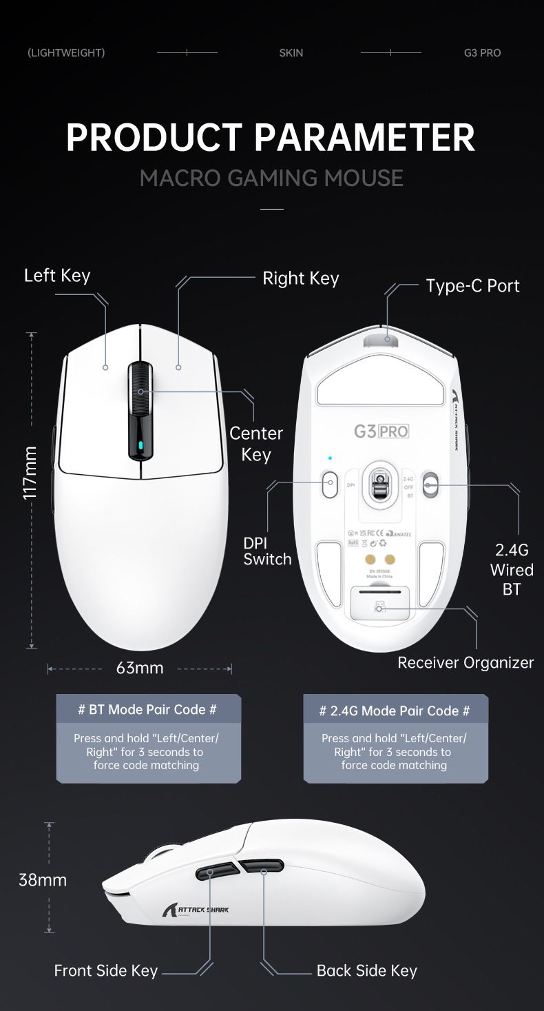 Mouse ATTACK SHARK G3PRO leggero per giochi e-sport, caricabatteria da sedile RGB Bluetooth wireless a tre modalità_voghion.com