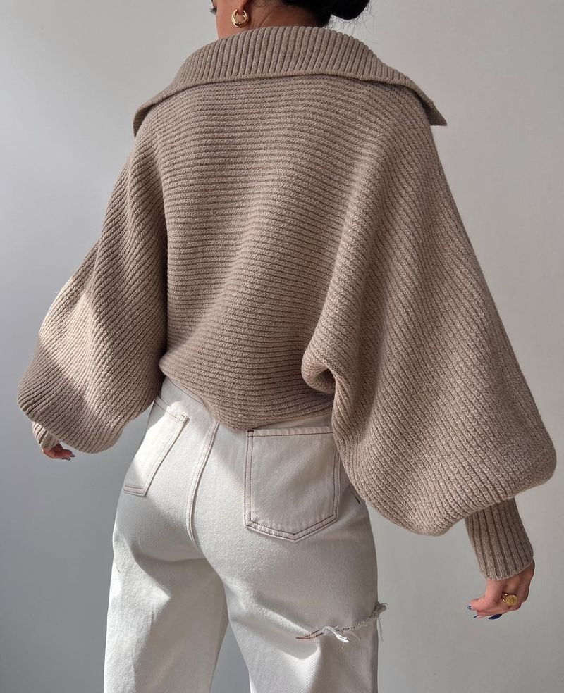 Abbigliamento donna autunno e inverno stile caldo pigro sciolto maniche a lanterna collo aperto pullover maglione corto da donna_voghion.com