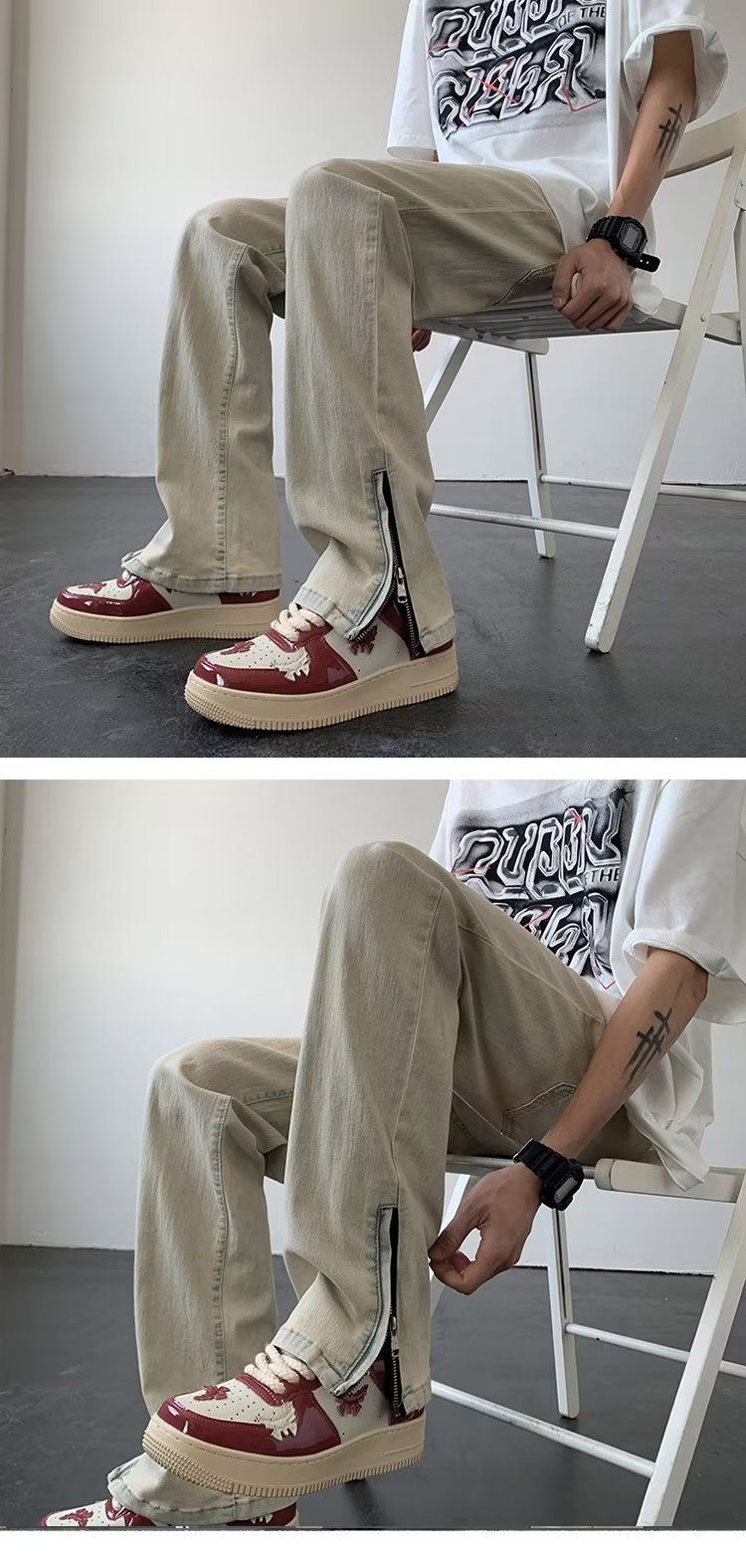Jeans micro flared de lama amarela para lavagem de verão masculina, marca americana da moda de rua reta com perna reta_voghion.com