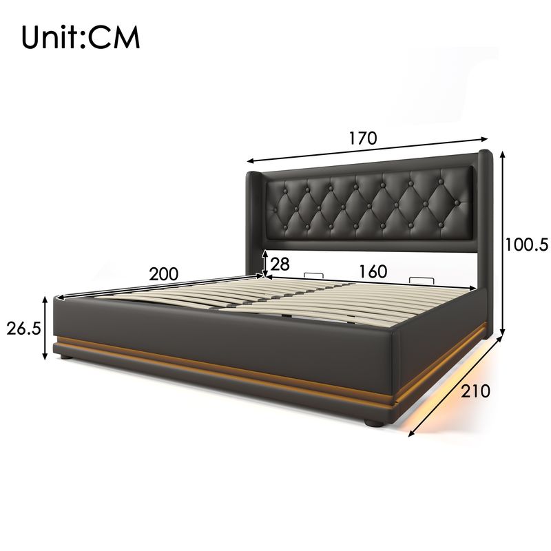 Lit double 160 x 200 cm, matelas en polyuréthane noir, lit coffre hydraulique avec chargement USB Type-C et éclairage LED sur 3 côtés, tête de lit rembourrée (matelas inclus)._voghion.com