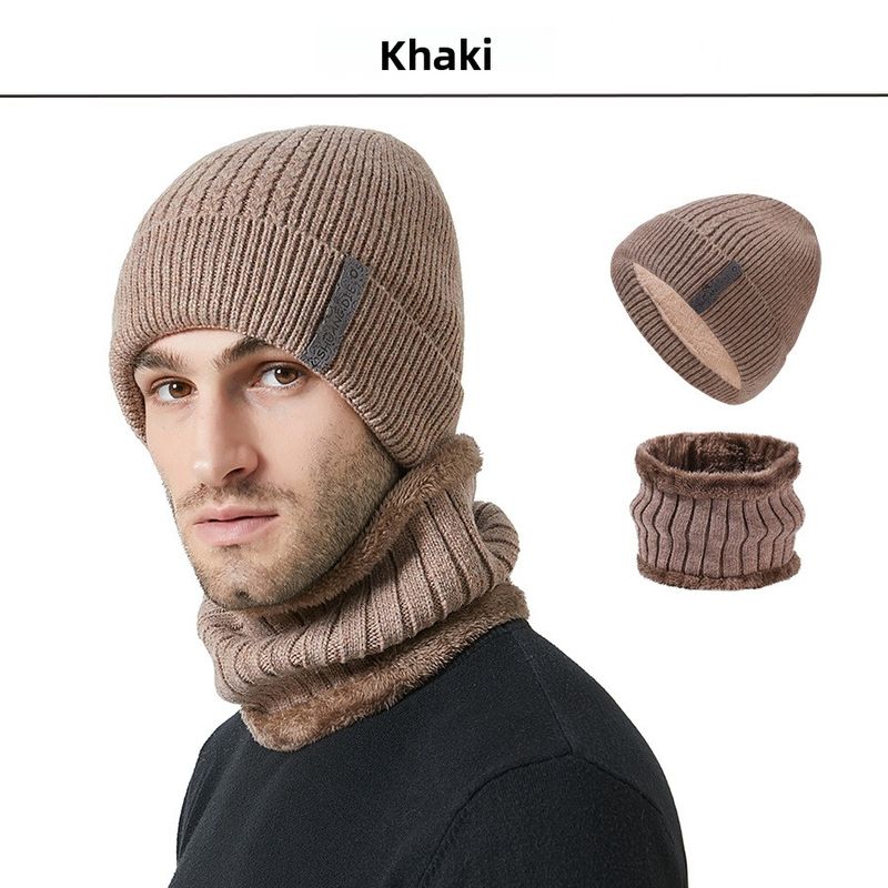 Autumn Winter New Men's Thickened And Scarf Outdoor Fleece-Lined Warm Ear Protection Knitted Hat Two-Piece Set_voghion.com