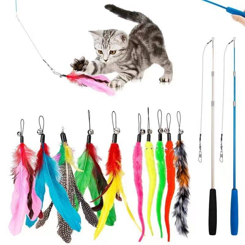 Bacchetta di peluche per gatti con testa di piuma sostituibile e asta estensibile, set di giocattoli da masticare per l'autointrattenimento dei gatti_voghion.com