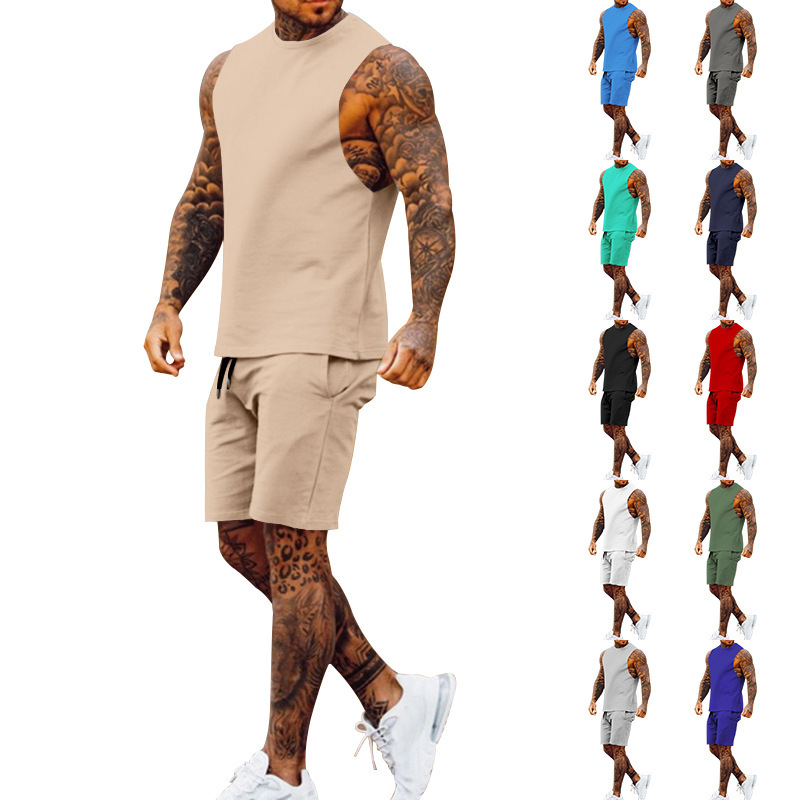 Cross-border European And American New Summer Sleeveless Sports Suit Men's Breathable Thin Round Neck Solid Color Vest_voghion.com