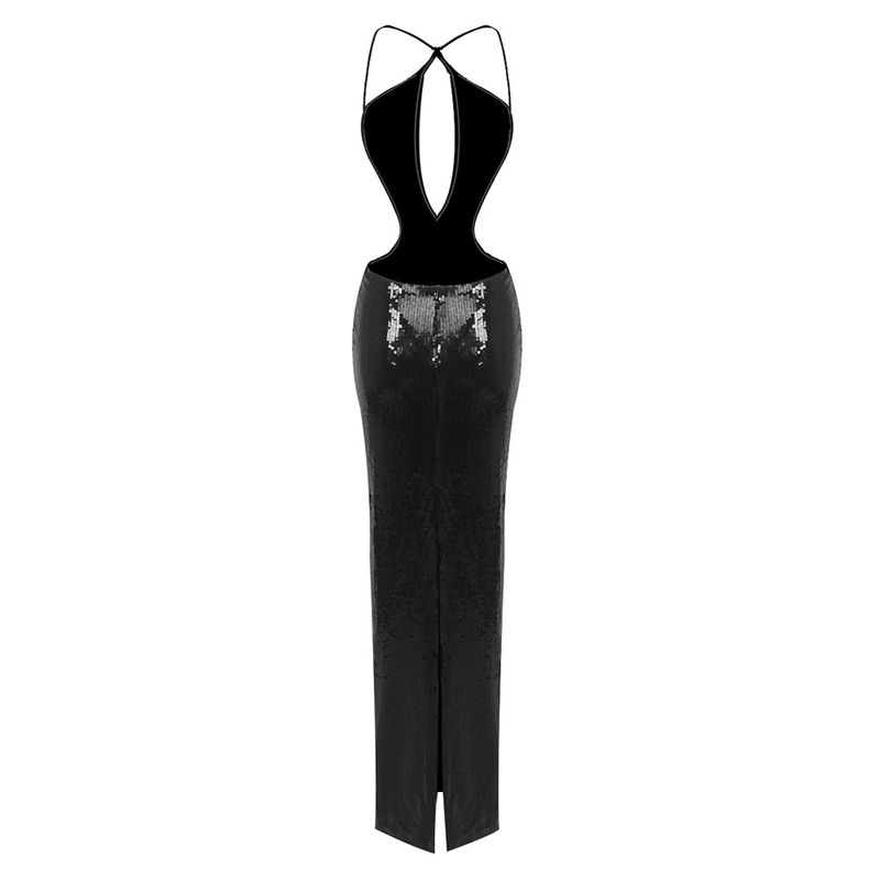 Women's Clothing High End New Nightclub Hollow Halter Backless Beaded Long Women's Dress_voghion.com