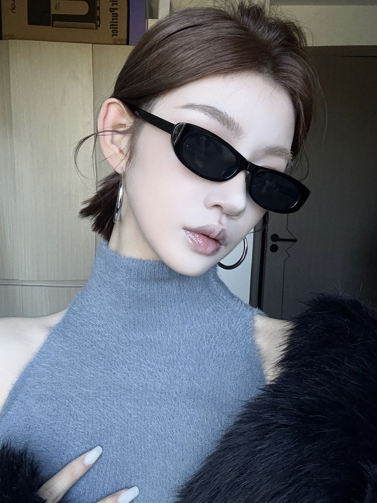 LazyZoom Western Style Cat Eye Women's Square Round Face Slimming Advanced Mesh Small Frame Oval Retro Gyaru Vacation Sunglasses_voghion.com