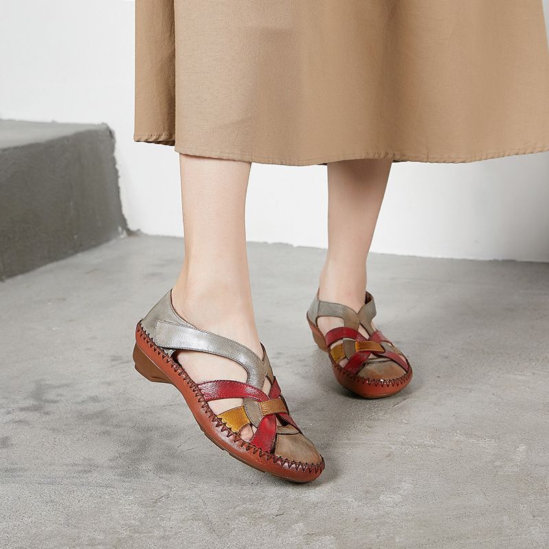 Echtledersandalen für Damen, neue Römerschuhe im Ethno-Stil mit Farbblock und geschlossener Zehenpartie, handpolierte Frühlingsschuhe für Damen_voghion.com