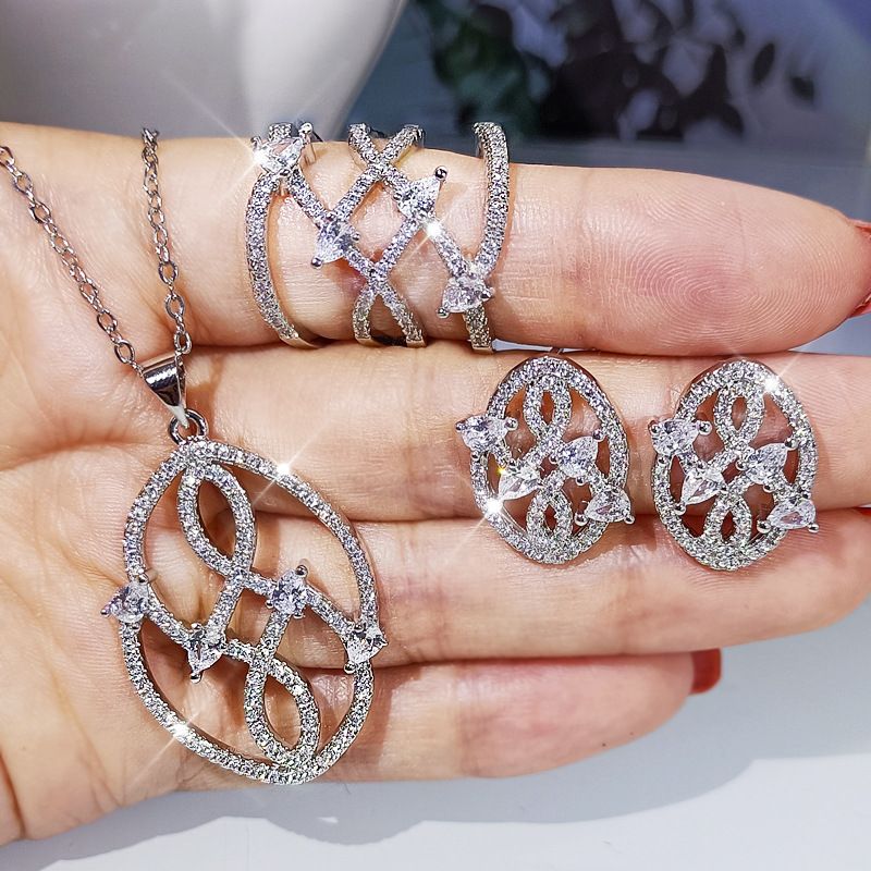 Creative Versatile Tree Leaf Ear Stud Clip Earrings Women's Copper Platinum Plated Zircon Ring Necklace Three-Piece Set_voghion.com