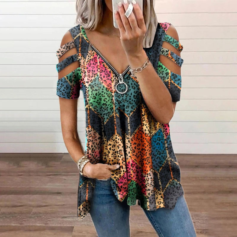Nuova camicetta estiva da donna con spalle scoperte, stampa leopardata, cerniera, scollo a V, casual, ampia, primaverile, sexy, nuova camicetta da donna_voghion.com