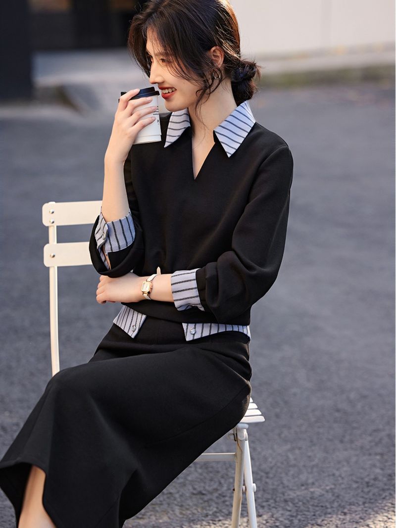 Damkläder höst retro patchwork design skjorta krage tröja kostym dam casual enkel tvådelad set tvådelad_voghion.com
