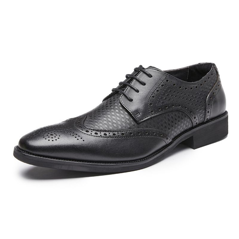 Euro Step Top Layer Cowhide Handmade New Brogue Carved Business Formal Leather Men's Pointed Toe Youth Derby Shoes Trendy_voghion.com