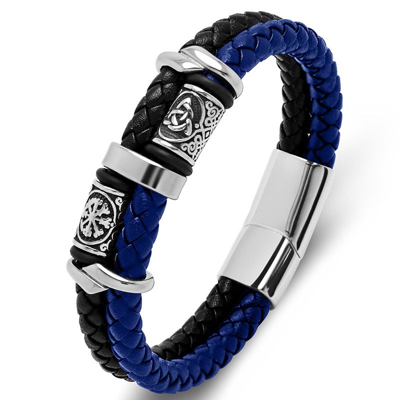 【Nuovo arrivo】Bracciale alla moda da uomo in pelle color-block fatto a mano, in acciaio inossidabile, con perline vichinghe_voghion.com