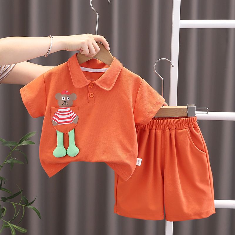 Ensemble deux pièces pour garçons, short à manches courtes, ours de poche, dessin animé, à la mode, pour bébé, nouvelle collection été 2024_voghion.com