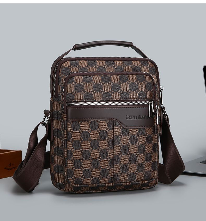 Slim Vertical Briefcase – Multi-Functional PU Crossbody Bag For Men, Waterproof Laptop Shoulder Bag With Check Print For Business & Travel_voghion.com