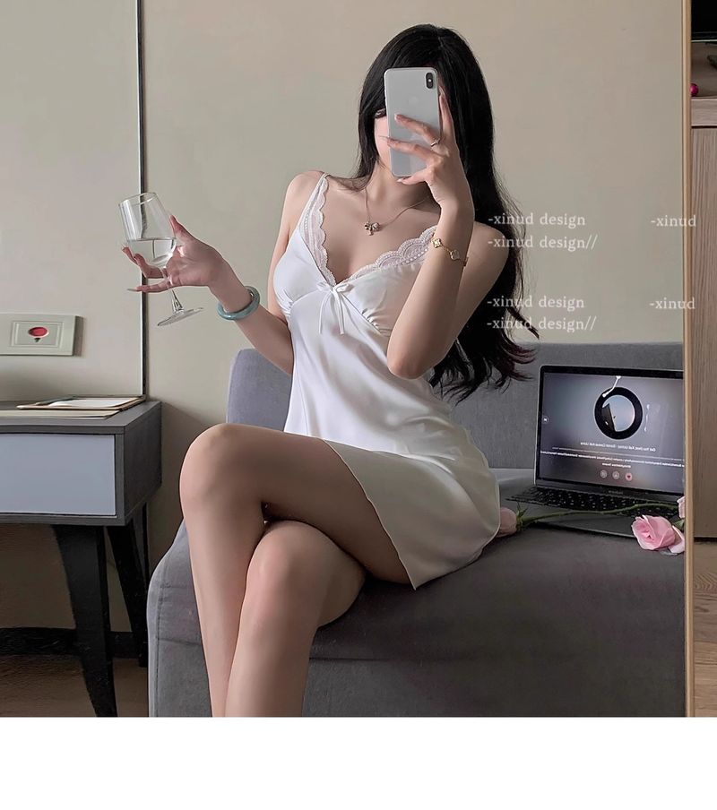 Camicia da notte sexy, delicata sulla pelle, con fiocco in seta ghiacciata, con bretelle in pizzo dolce, comoda e morbida, per il desiderio puro del vento_voghion.com