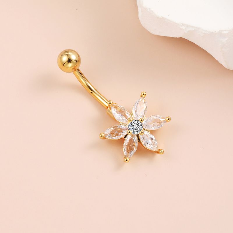 Anello per ombelico a forma di fiocco di neve con fiore portafortuna - Gioiello per piercing con diamanti (ipoallergenico, design alla moda)_voghion.com